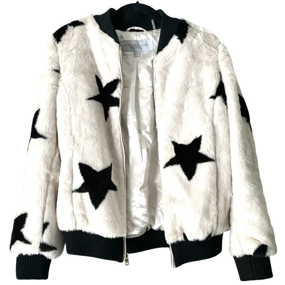 Marc New York Faux Fur Bomber Jacket Women’s Size Small Stars Whimsy Whimsigoth